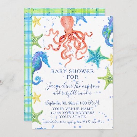 Beach Starfish Octopus Seahorse Boy Baby shower Kaart (Voorkant / Achterkant)
