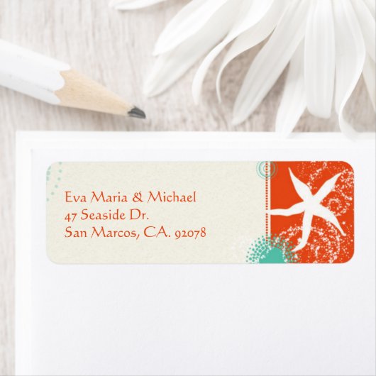 Beach Starfish Red Aqua Weduwadres Etiket (Insitu)