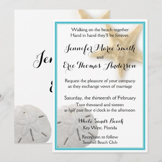 Beach Starfish Sand Dollar Weddenschap Aqua Kaart (Voorkant / Achterkant)