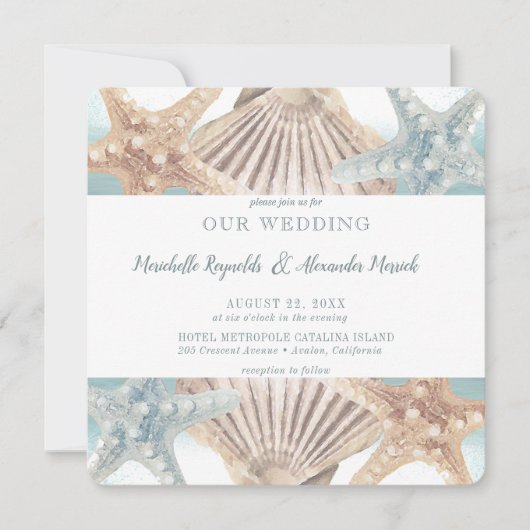Beach Starfish Seashell Square Weddenschap Kaart (Voorkant)