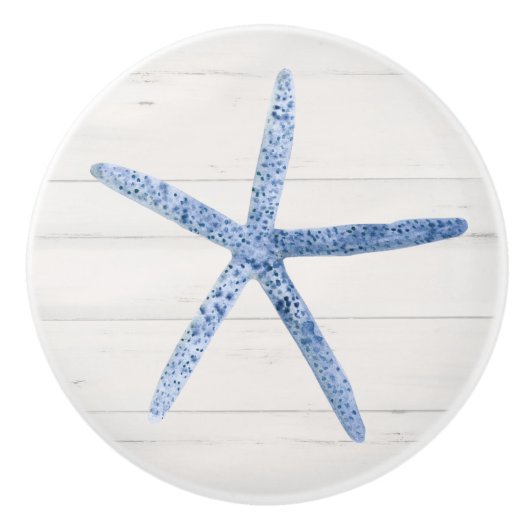 Beach Starfish Shell Modern Blue Barn Wood Keramische Knop (Voorkant)