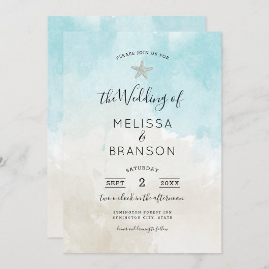 Beach Starfish Waterverf Wedding Kaart (Voorkant / Achterkant)