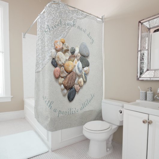 Beach Stones Heart Sand Wave Positive Natuur Douchegordijn (In situ)