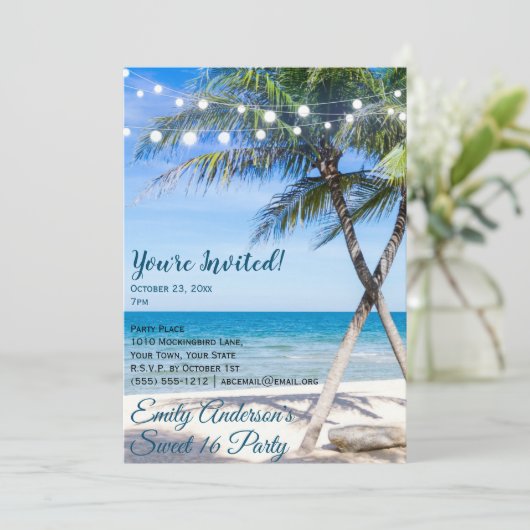 Beach String Light Palm Tree Sweet 16 Birthday Kaart (Staand voorkant)