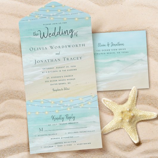 Beach String Lights Ocean Wedding All In One Uitnodiging