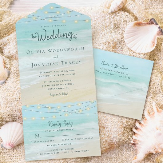 Beach String Lights Ocean Wedding All In One Uitnodiging