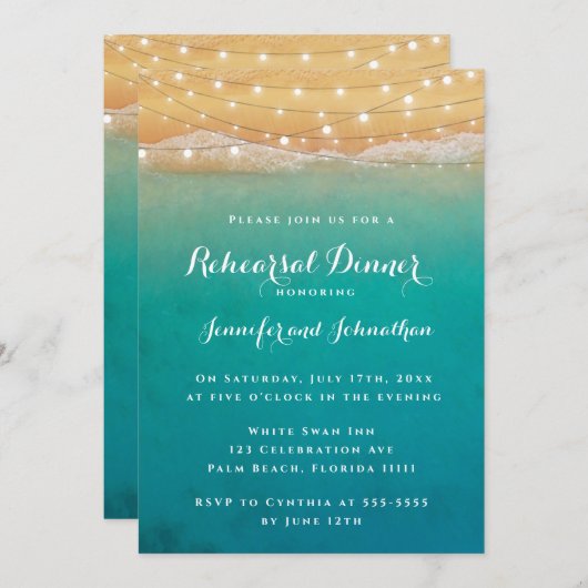 Beach String Lights Rehearsal Dinner Invitations Kaart (Voorkant / Achterkant)
