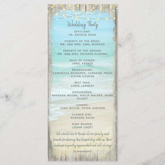 Beach String Lights Rustic Wood Wedding Programme Programmakaart (Achterkant)