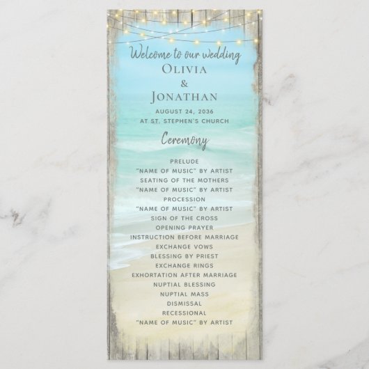 Beach String Lights Rustic Wood Wedding Programme Programmakaart (Voorkant)