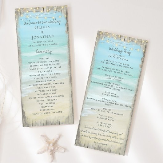 Beach String Lights Rustic Wood Wedding Programme Programmakaart