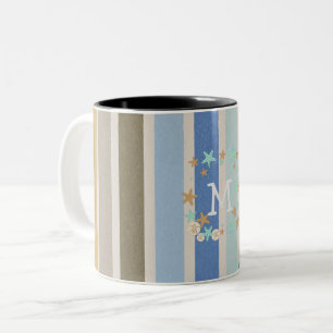 Beach Stripes and Starfish Monogram Tweekleurige Koffiemok