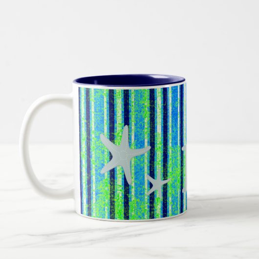Beach Stripes and Starfish Monogram Tweekleurige Koffiemok (Links)