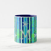 Beach Stripes and Starfish Monogram Tweekleurige Koffiemok (Center)
