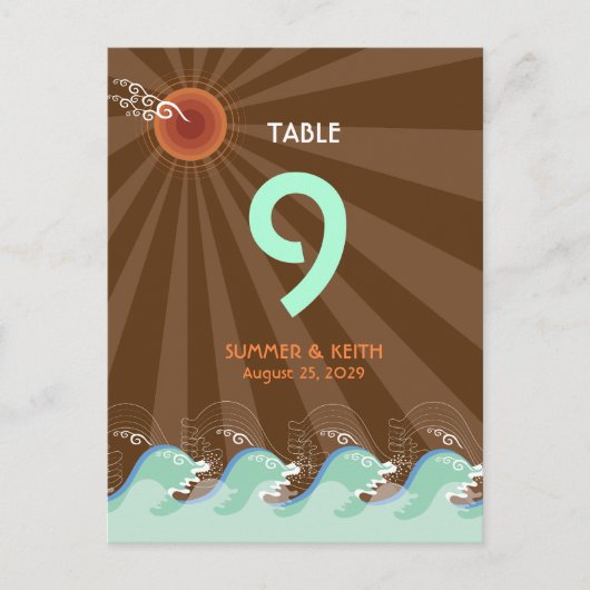 Beach Summer Cool Waves Brown Sun Table Number Briefkaart (Voorkant)