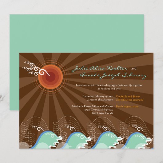 Beach Summer Cool Waves Brown Sun Wedding Inviding Kaart (Voorkant / Achterkant)