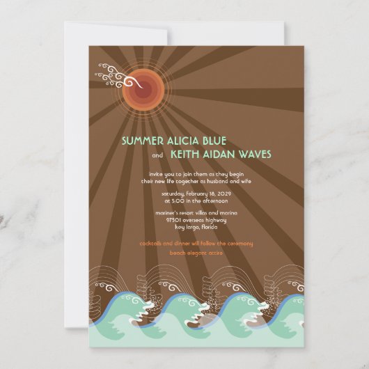 Beach Summer Cool Waves Brown Sun Wedding Invite Kaart (Voorkant)