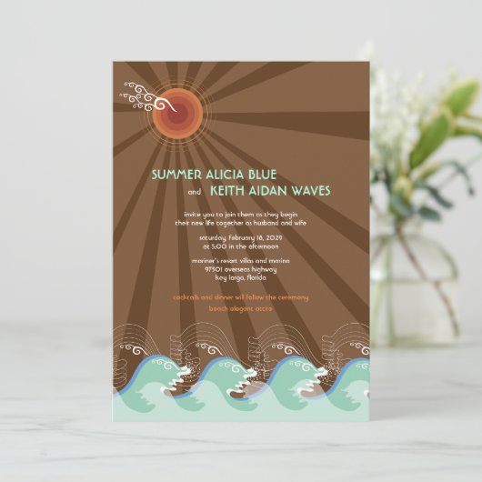 Beach Summer Cool Waves Brown Sun Wedding Invite Kaart (Staand voorkant)