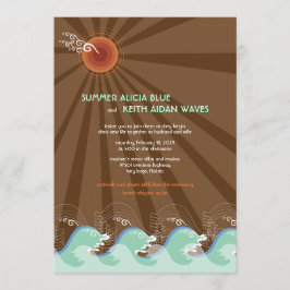 Beach Summer Cool Waves Brown Sun Wedding Invite Kaart