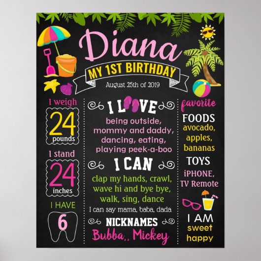 Beach Summer Pool Birthday Party-chalkboardmeisje Poster (Voorkant)