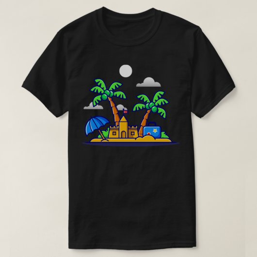 Beach Summer Sand Castle and Coconut Trees Cartoon T-shirt (Design voorkant)