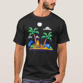 Beach Summer Sand Castle and Coconut Trees Cartoon T-shirt