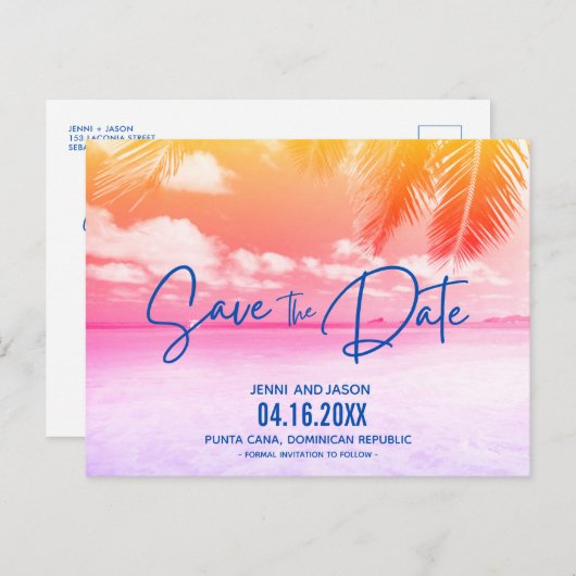 Beach Summer Sunset Weddenschap Save the Date Aankondigingskaart (Voorkant / Achterkant)