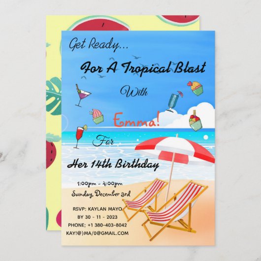Beach Summer Tropical 14th Birthday Invitation Kaart (Voorkant / Achterkant)