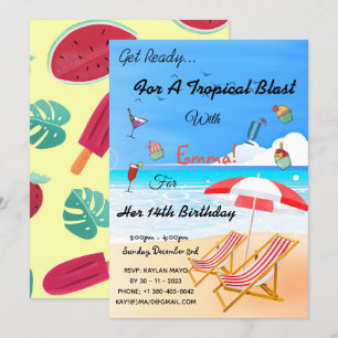 Beach Summer Tropical 14th Birthday Invitation Kaart