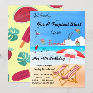 Beach Summer Tropical 14th Birthday Invitation Kaart