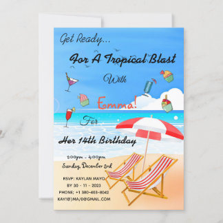 Beach Summer Tropical 14th Birthday Invitation Kaart