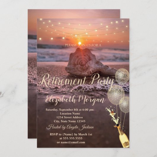Beach Sunet Seashell Balloons, Wine Retirement Kaart (Voorkant / Achterkant)