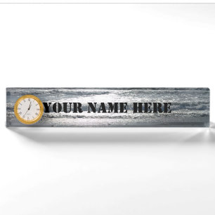 Beach Sunrise Desk Name Bord met een klok Naambordje