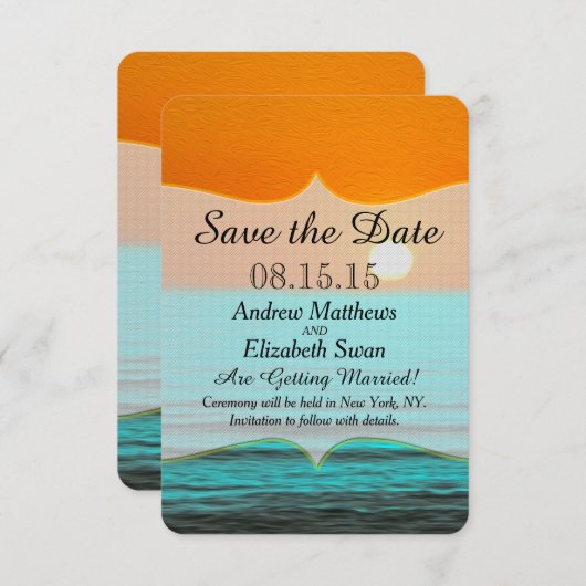 Beach Sunrise-schildering in Oranje lucht en Blauw Save The Date (Voorkant / Achterkant)