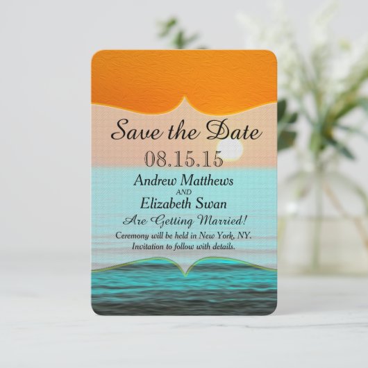 Beach Sunrise-schildering in Oranje lucht en Blauw Save The Date (Staand voorkant)