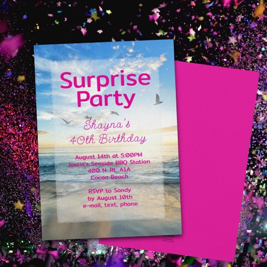 Beach Sunrise Surprise Birthday Party Invitation Kaart
