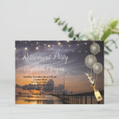 Beach, Sunset, Balloons, Wine Retirement Party Kaart (Staand voorkant)