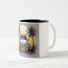 "Beach Sunset Beetle Mug - Coastal Vintage Car Lo Tweekleurige Koffiemok