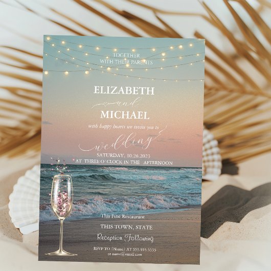Beach Sunset, Champagne Glass Script Weddenschap Kaart