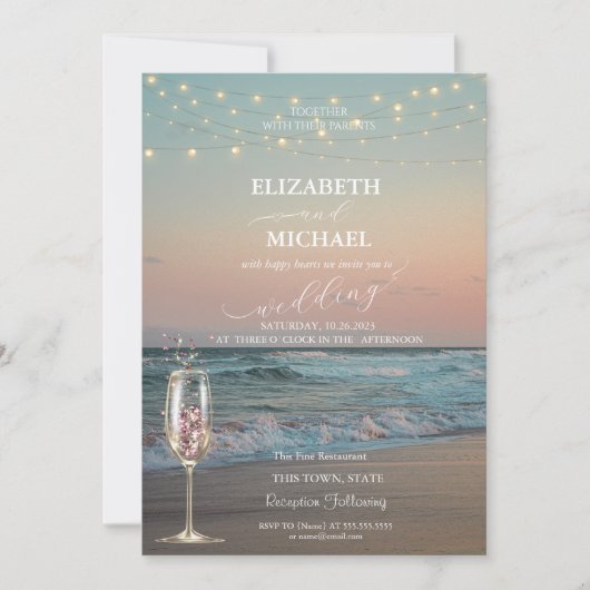 Beach Sunset, Champagne Glass Script Weddenschap Kaart (Voorkant)