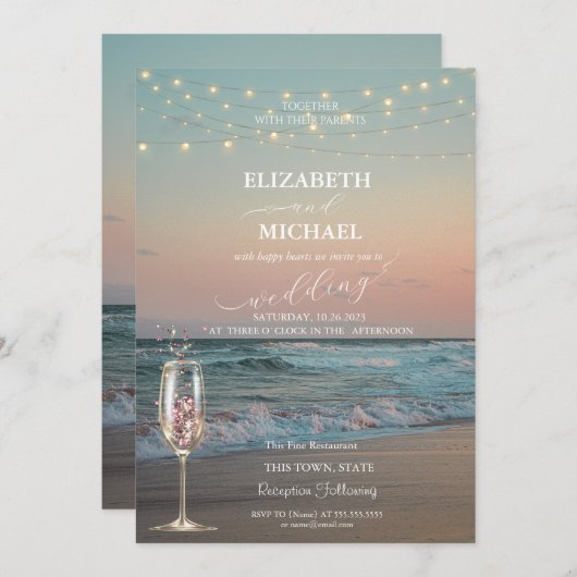 Beach Sunset, Champagne Glass Script Weddenschap Kaart (Voorkant / Achterkant)