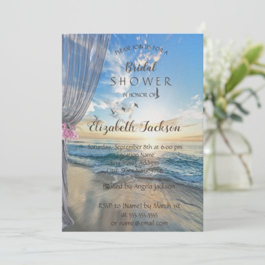 Beach Sunset, Curtain, Flowers Vrijgezellenfeest Kaart (Staand voorkant)