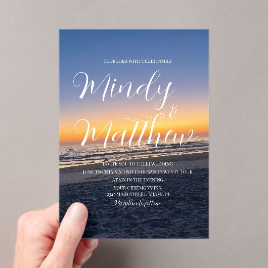 Beach Sunset Down Destination Blue Wedding Acryl Uitnodigingen (Insitu (Draagbaar))