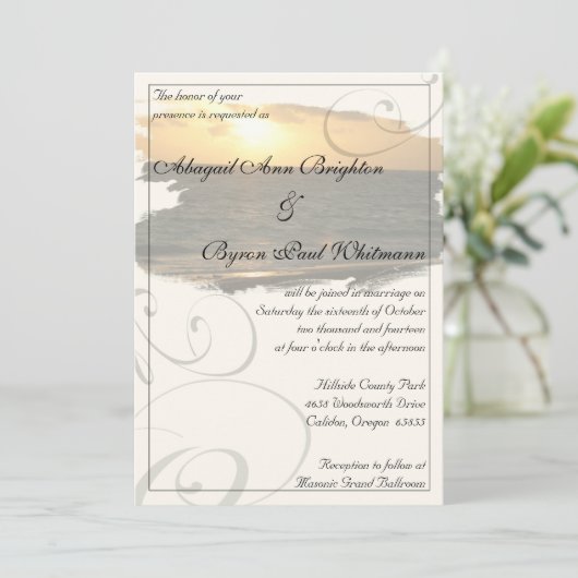 Beach Sunset met Flourishes Wedding Invitation Kaart (Staand voorkant)