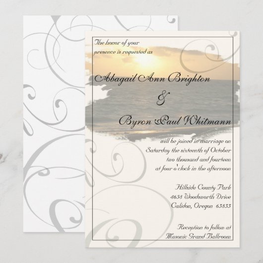 Beach Sunset met Flourishes Wedding Invitation Kaart (Voorkant / Achterkant)