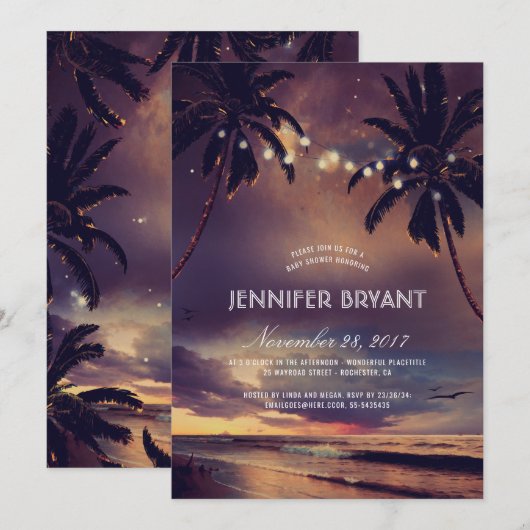 Beach Sunset Palm Lights Baby shower Kaart (Voorkant / Achterkant)