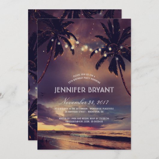 Beach Sunset Palm Lights Verjaardagsfeest Kaart (Voorkant / Achterkant)