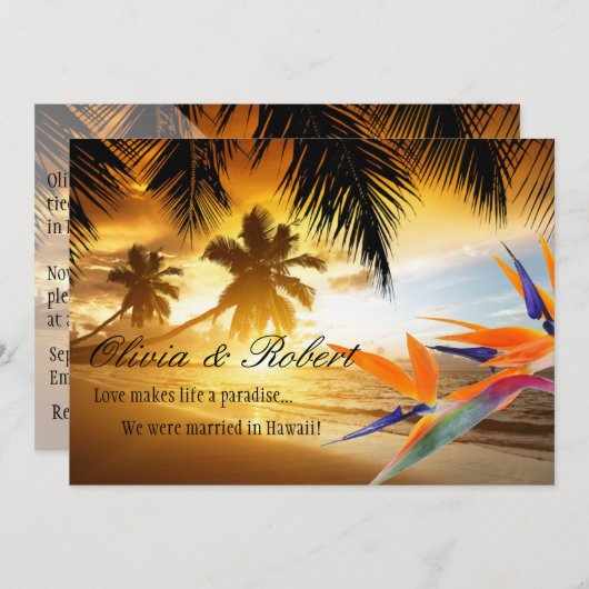 Beach Sunset Palm Trees Bird of Paradise Reception Kaart (Voorkant / Achterkant)