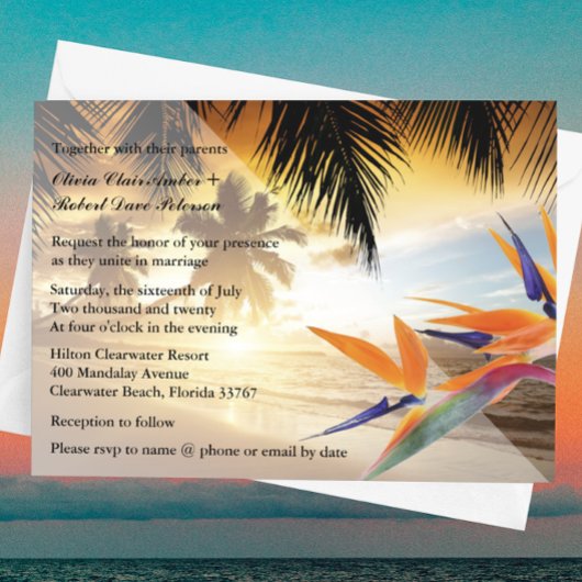 Beach Sunset Palm Trees Bird-of-Paradise Wedding Kaart