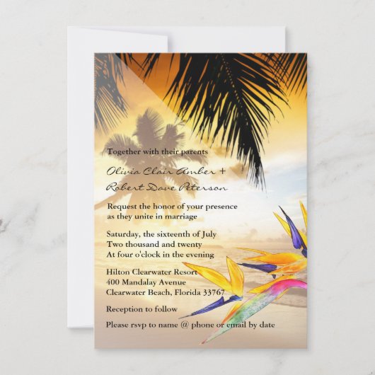 Beach Sunset Palm Trees Bird-of-Paradise Wedding Kaart (Voorkant)