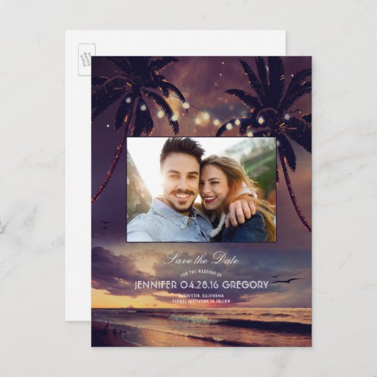 Beach Sunset Palms Lights Foto Opslaan van de datu Aankondigingskaart (Voorkant / Achterkant)